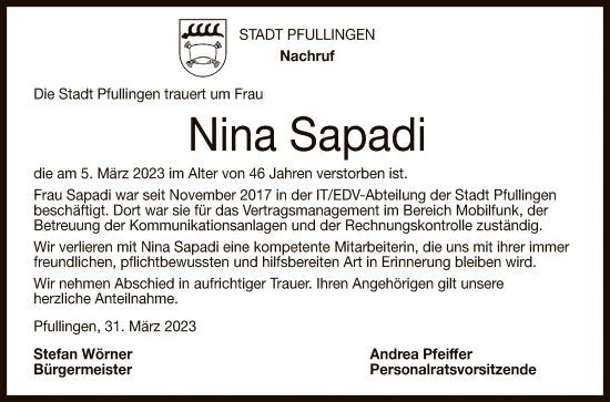 Anzeige von Nina Sapadi von Reutlinger General-Anzeiger