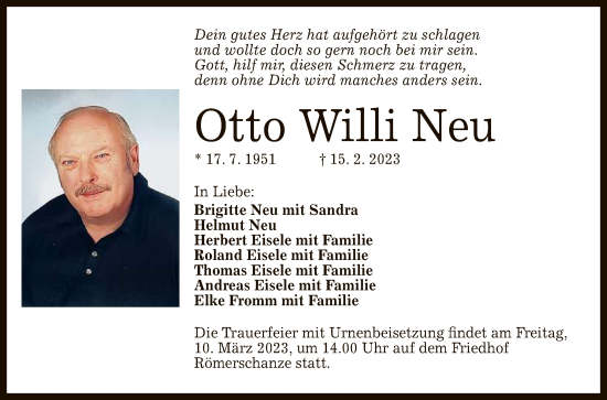 Anzeige von Otto Willi Neu von Reutlinger General-Anzeiger