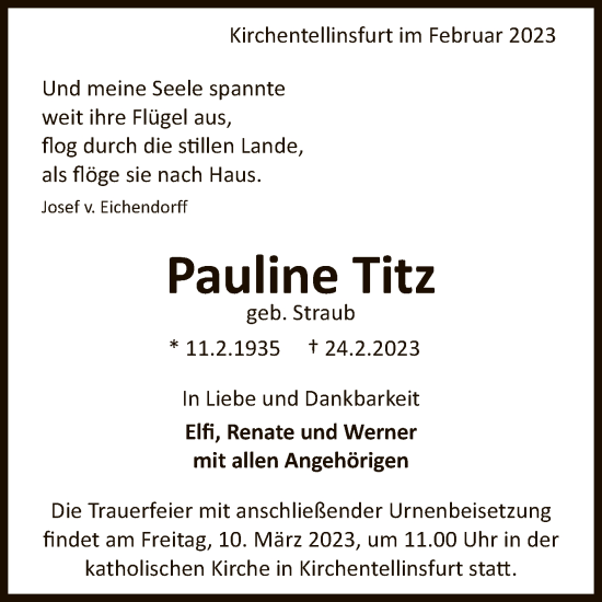 Anzeige von Pauline Titz von Reutlinger General-Anzeiger