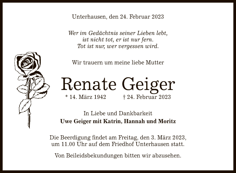  Traueranzeige für Renate Geiger vom 01.03.2023 aus Reutlinger General-Anzeiger