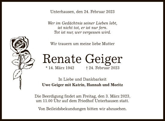 Anzeige von Renate Geiger von Reutlinger General-Anzeiger