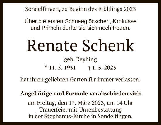 Anzeige von Renate Schenk von Reutlinger General-Anzeiger