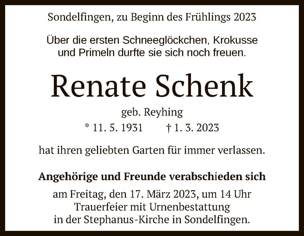  Traueranzeige für Renate Schenk vom 11.03.2023 aus Reutlinger General-Anzeiger