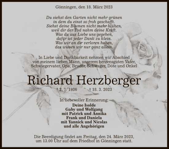 Anzeige von Richard Herzberger von Reutlinger General-Anzeiger