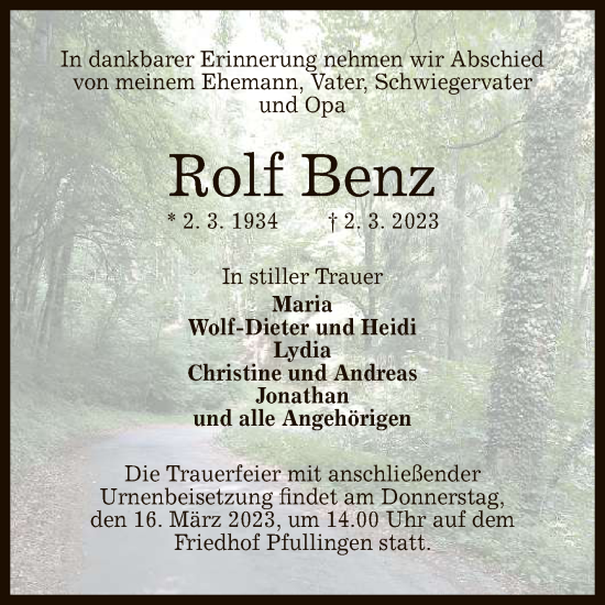 Anzeige von Rolf Benz von Reutlinger General-Anzeiger