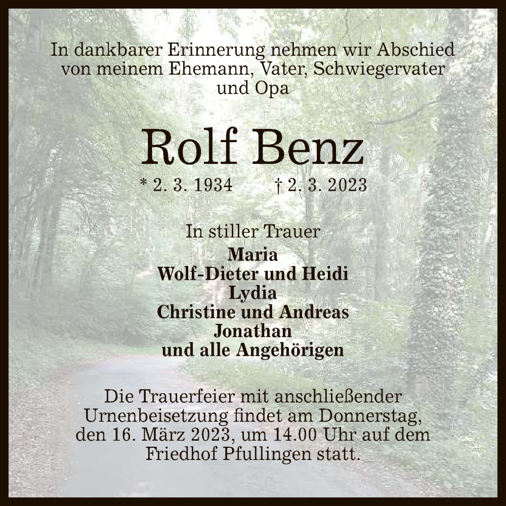  Traueranzeige für Rolf Benz vom 11.03.2023 aus Reutlinger General-Anzeiger
