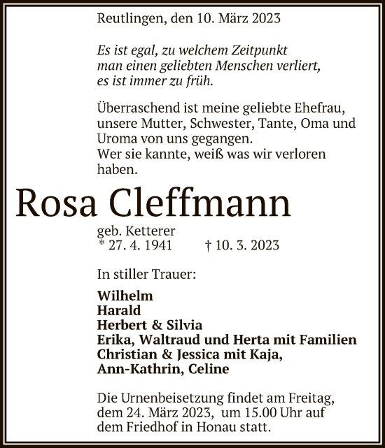 Anzeige von Rosa Cleffmann von Reutlinger General-Anzeiger