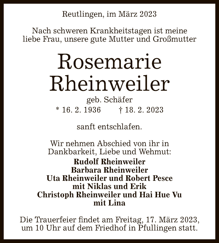  Traueranzeige für Rosemarie Rheinweiler vom 13.03.2023 aus Reutlinger General-Anzeiger