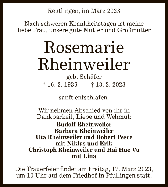 Anzeige von Rosemarie Rheinweiler von Reutlinger General-Anzeiger