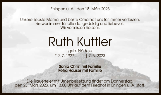 Anzeige von Ruth Kuttler von Reutlinger General-Anzeiger