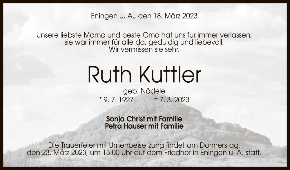  Traueranzeige für Ruth Kuttler vom 18.03.2023 aus Reutlinger General-Anzeiger