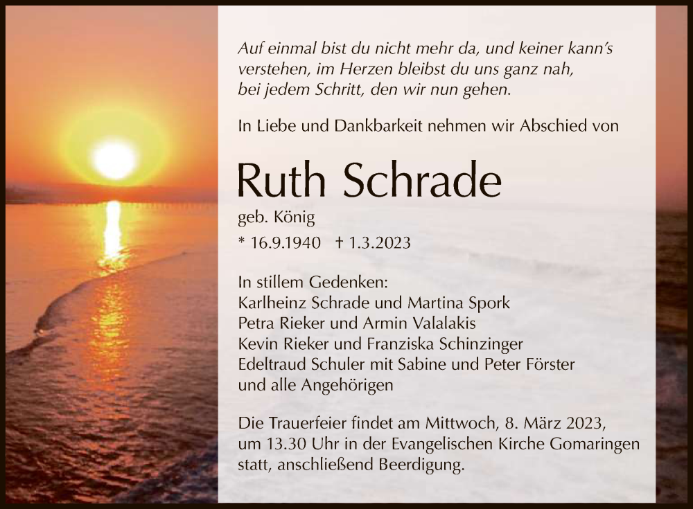  Traueranzeige für Ruth Schrade vom 06.03.2023 aus Reutlinger General-Anzeiger