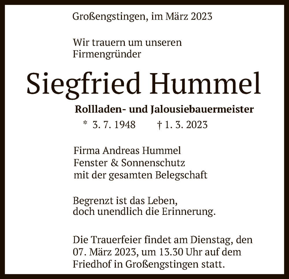  Traueranzeige für Siegfried Hummel vom 07.03.2023 aus Reutlinger General-Anzeiger