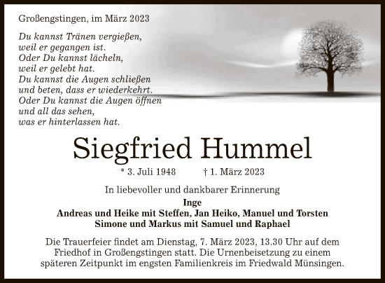 Anzeige von Siegfried Hummel von Reutlinger General-Anzeiger