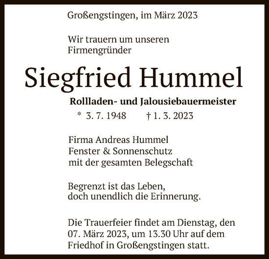 Anzeige von Siegfried Hummel von Reutlinger General-Anzeiger