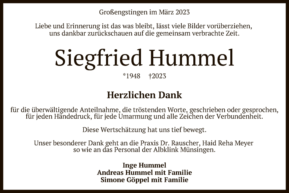  Traueranzeige für Siegfried Hummel vom 30.03.2023 aus Reutlinger General-Anzeiger