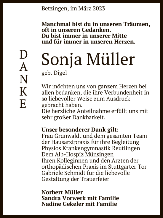 Anzeige von Sonja Müller von Reutlinger General-Anzeiger