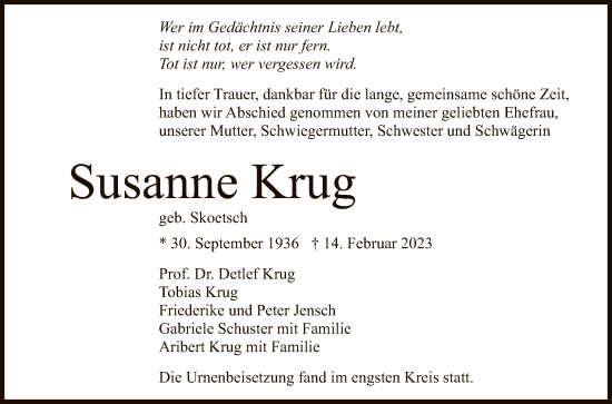 Anzeige von Susanne Krug von Reutlinger General-Anzeiger