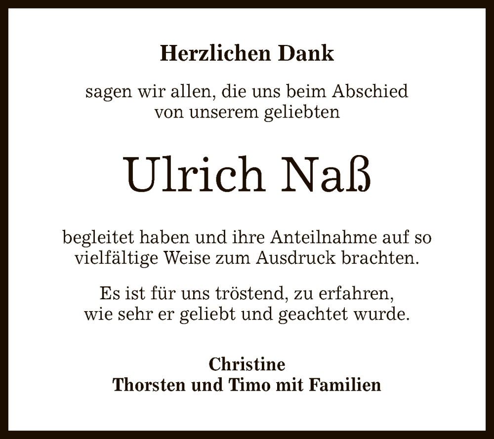  Traueranzeige für Ulrich Naß vom 04.03.2023 aus Reutlinger General-Anzeiger