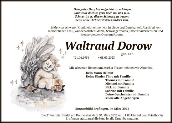 Anzeige von Waltraud Dorow von Reutlinger General-Anzeiger