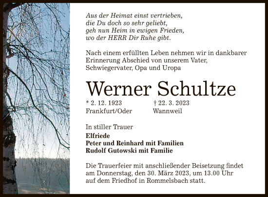 Anzeige von Werner Schultze von Reutlinger General-Anzeiger