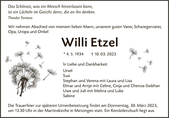 Anzeige von Willi Etzel von Reutlinger General-Anzeiger
