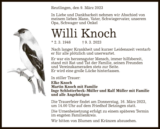 Anzeige von Willi Knoch von Reutlinger General-Anzeiger