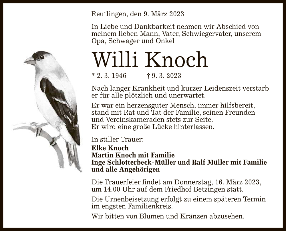  Traueranzeige für Willi Knoch vom 14.03.2023 aus Reutlinger General-Anzeiger