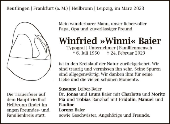 Anzeige von Winfried Baier von Reutlinger General-Anzeiger