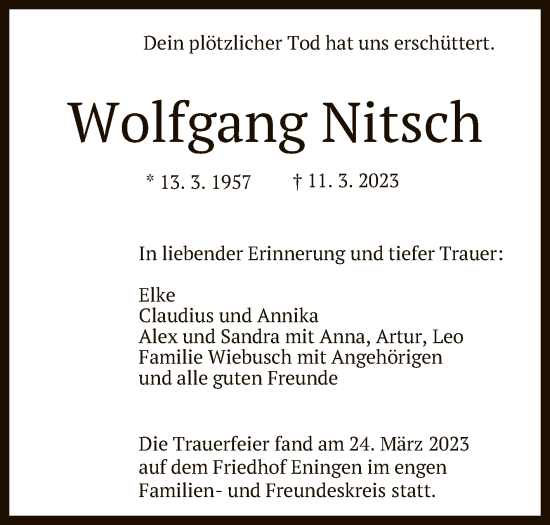 Anzeige von Wolfgang Nitsch von Reutlinger General-Anzeiger