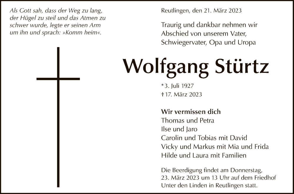  Traueranzeige für Wolfgang Stürtz vom 21.03.2023 aus Reutlinger General-Anzeiger
