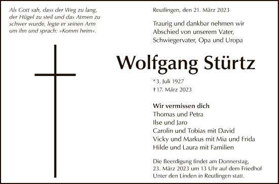 Anzeige von Wolfgang Stürtz von Reutlinger General-Anzeiger