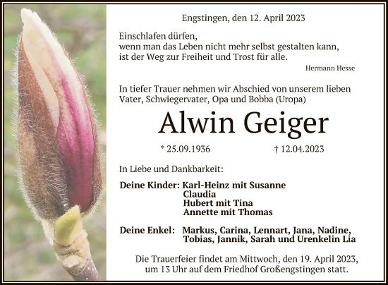 Anzeige von Alwin Geiger von Reutlinger General-Anzeiger