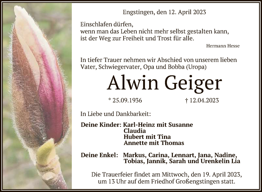  Traueranzeige für Alwin Geiger vom 15.04.2023 aus Reutlinger General-Anzeiger