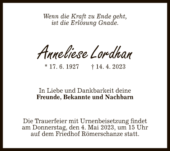 Anzeige von Anneliese Lordhan von Reutlinger General-Anzeiger