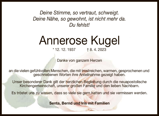 Anzeige von Annerose Kugel von Reutlinger General-Anzeiger