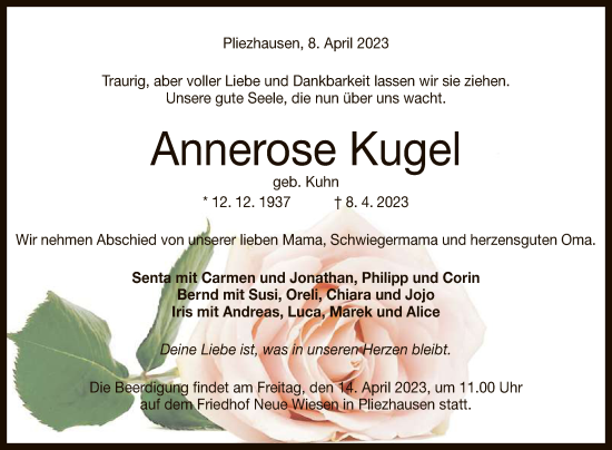 Anzeige von Annerose Kugel von Reutlinger General-Anzeiger