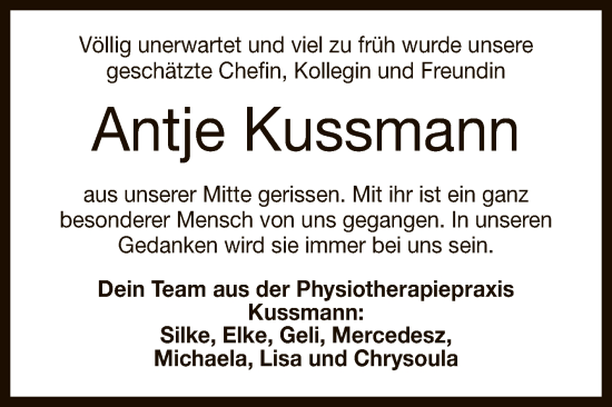 Anzeige von Antje Kussmann von Reutlinger General-Anzeiger