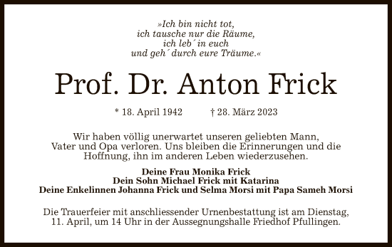 Anzeige von Anton Frick von Reutlinger General-Anzeiger