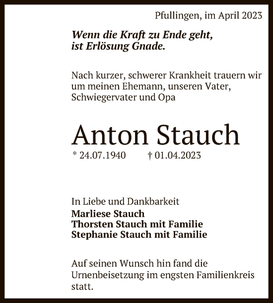 Anzeige von Anton Stauch von Reutlinger General-Anzeiger