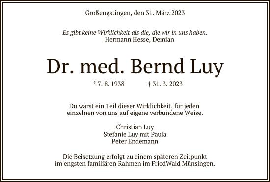 Anzeige von Bernd Luy von Reutlinger General-Anzeiger