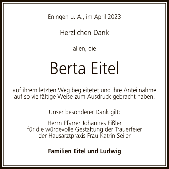 Anzeige von Berta Eitel von Reutlinger General-Anzeiger
