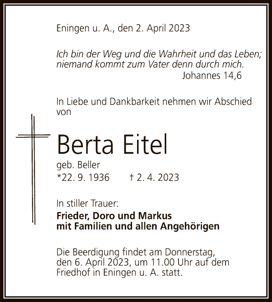 Anzeige von Berta Eitel von Reutlinger General-Anzeiger
