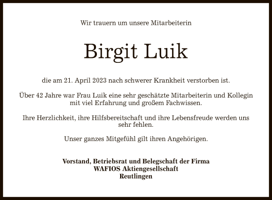 Anzeige von Birgit Luik von Reutlinger General-Anzeiger