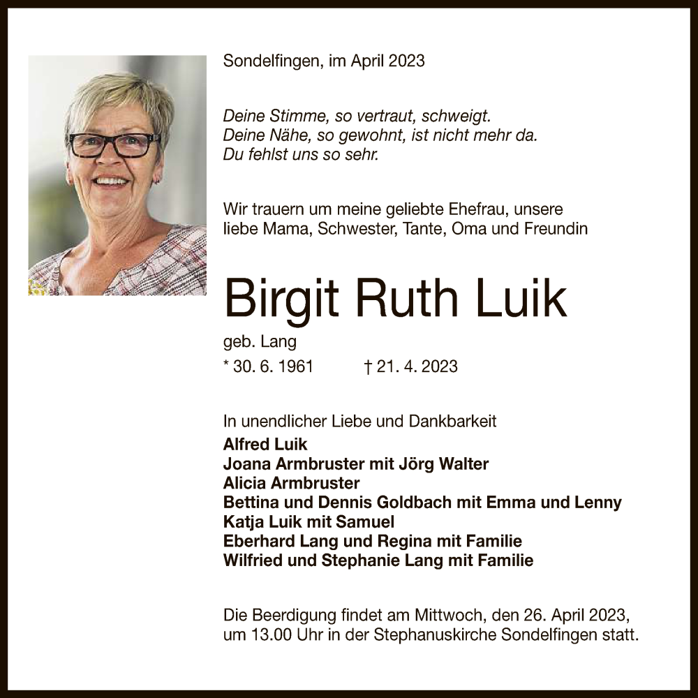  Traueranzeige für Birgit Ruth Luik vom 25.04.2023 aus Reutlinger General-Anzeiger