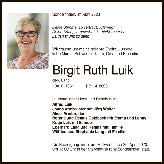 Anzeige von Birgit Ruth Luik von Reutlinger General-Anzeiger