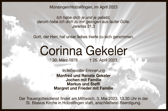 Anzeige von Corinna Gekeler von Reutlinger General-Anzeiger