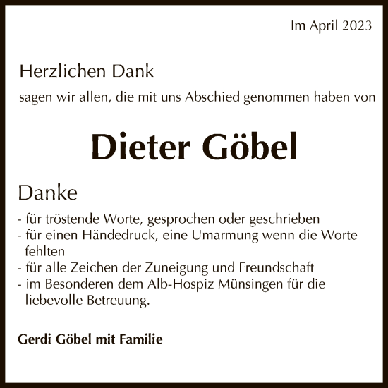 Anzeige von Dieter Göbel von Reutlinger General-Anzeiger