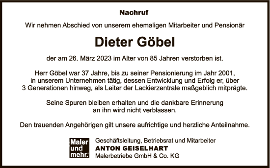 Anzeige von Dieter Göbel von Reutlinger General-Anzeiger