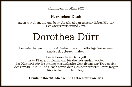 Anzeige von Dorothea Dürr von Reutlinger General-Anzeiger